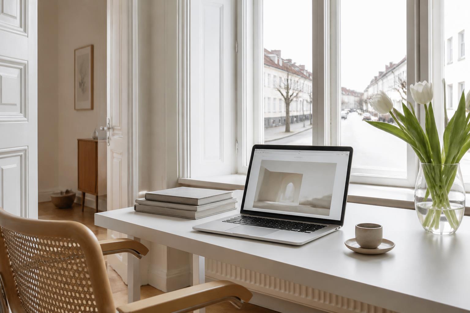 Skandinaviskt arbetsrum med laptop, espresso och tulpaner